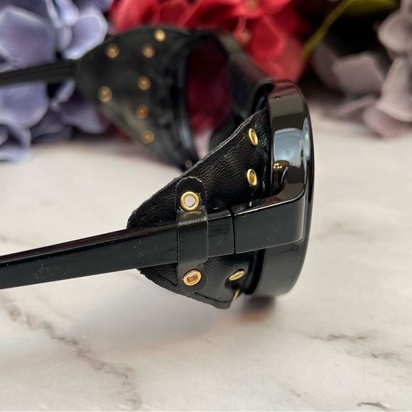 Steampunk Round Gray Gradient Black Leather Shield Polarized Sunglasses - Picture 14 of 16